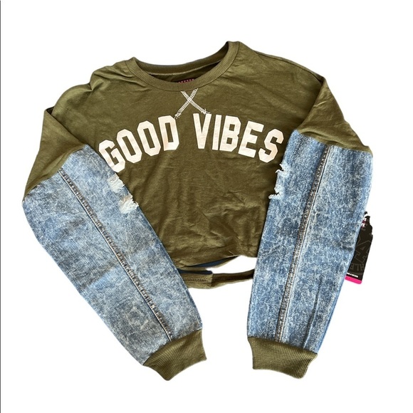 Love Love Love Tops - CROP Top with denim distressed sleeves and distressed back. Small. NWT